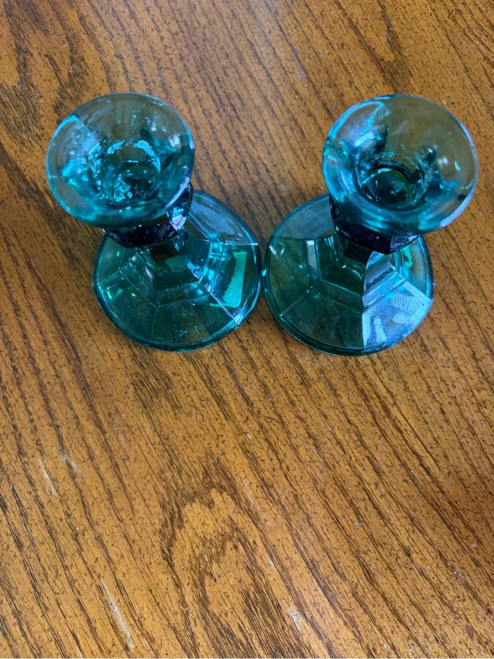 Pair of Indiana Green Glass Candle Holders